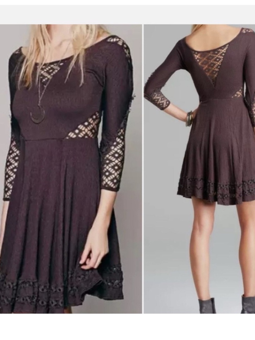 Free People Mauve Lace-Inset Fit & Flare Dress